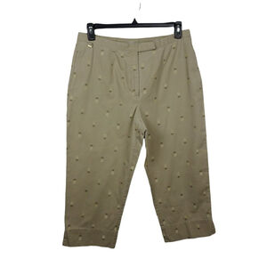 LizGolf Liz Claiborne Capri Cropped Pants Pineapple Embroidery Tan Casual 14